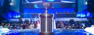 Trophy on stage at League of Legends world championship